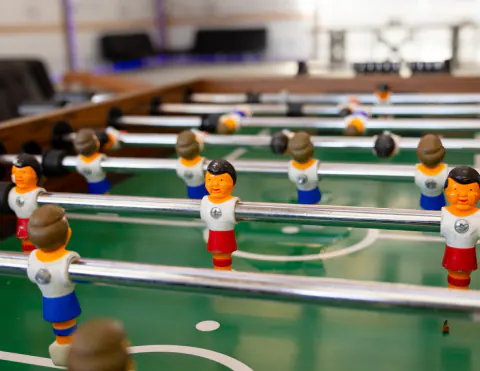 Close-up of a foosball table