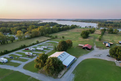 Aerial view of the RV sites with Lake Hudson beyond