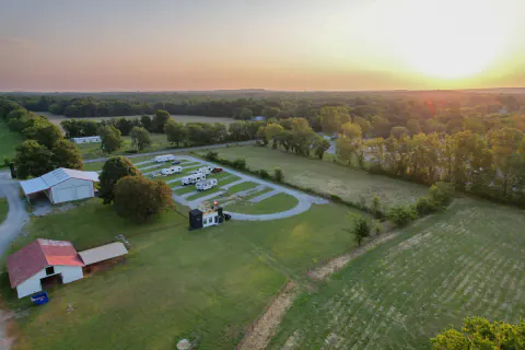 Aerial view of Lake Hudson Resort and its RV sites at sunset
