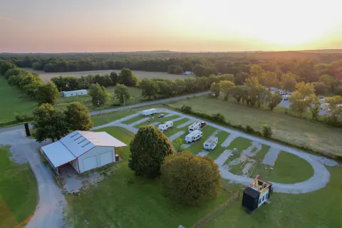 Aerial view of RV sites at Lake Hudson Resort at sunset