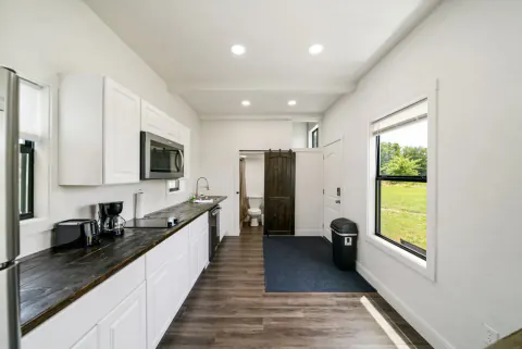 Kitchen and hallway inside the cabin
