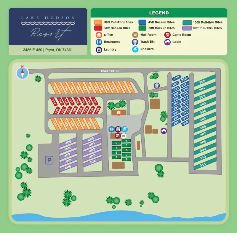 Lake Hudson Resort park map showing RV site numbers, the office, game room, laundry, restrooms and showers